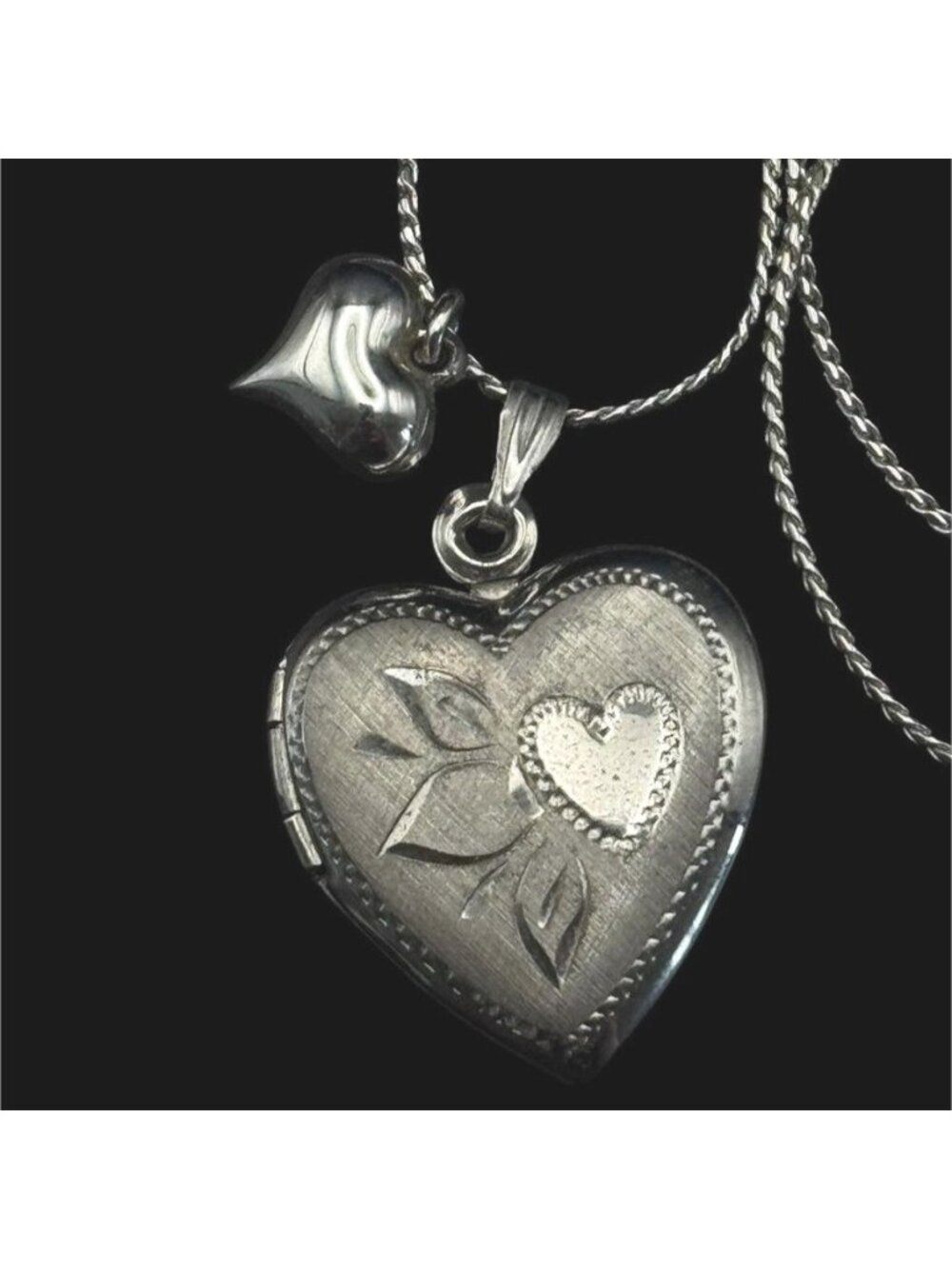 Avon Sterling Silver Heart Locket Necklace Engraved Floral Puffed Heart Charm 18